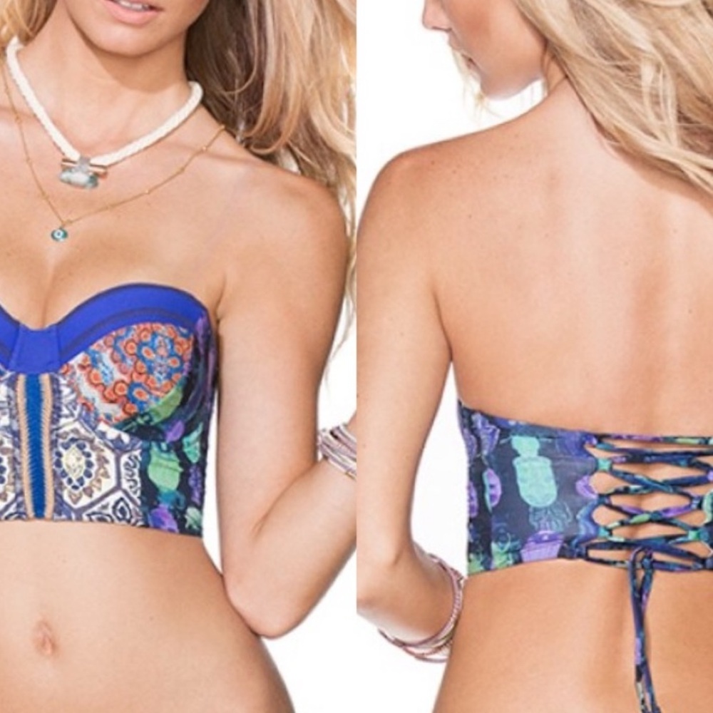 Maaji Critter River Bikini Bustier Top S Blue and Green